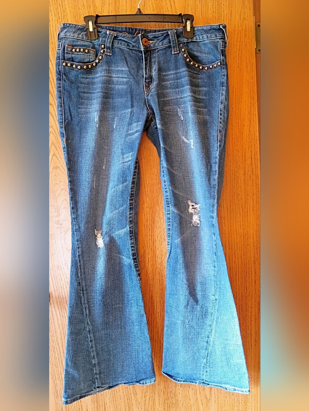 Revolution Distressed Dark Blue Flare Jeans with Studded Pockets